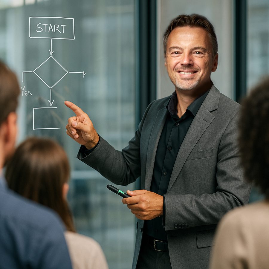 Raymond Koppe licht een procesdiagram toe aan een team